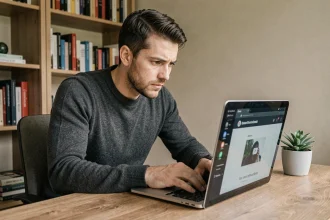 Homme utilisant WhatsApp Web depuis un navigateur en mode navigation privée sur un ordinateur portable dans un bureau à domicile
