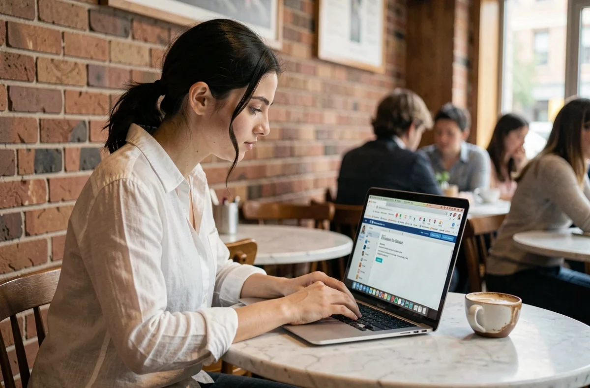 Femme consultant WhatsApp Web en mode navigation privée depuis un café, illustrant la confidentialité en ligne