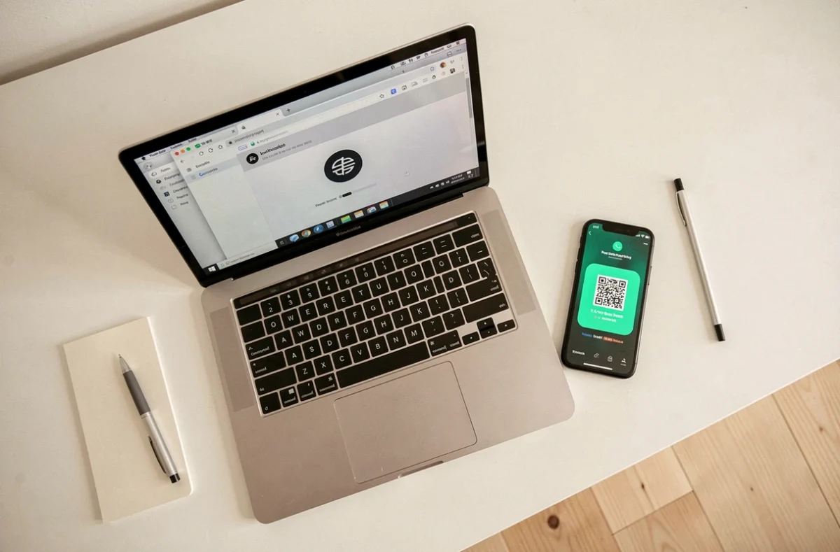 Vue de dessus d'un ordinateur portable et d'un smartphone montrant WhatsApp Web en mode navigation privée sur un bureau minimaliste
